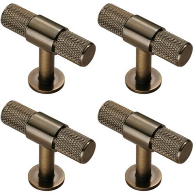 4x Knurled Cupboard T Shape Pull Handle 50 x 13mm Antique Brass