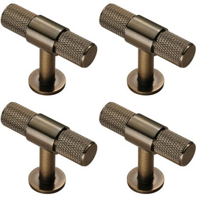 4x Knurled Cupboard T Shape Pull Handle 50 x 13mm Antique Brass Cabinet Handle