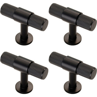 4x Knurled Cupboard T Shape Pull Handle 50 x 13mm Matt Black