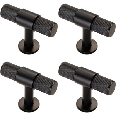 4x Knurled Cupboard T Shape Pull Handle 50 x 13mm Matt Black Cabinet Handle