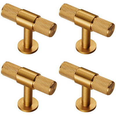 4x Knurled Cupboard T Shape Pull Handle 50 x 13mm Satin Brass Cabinet Handle