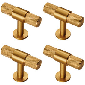4x Knurled Cupboard T Shape Pull Handle 50 x 13mm Satin Brass Cabinet Handle