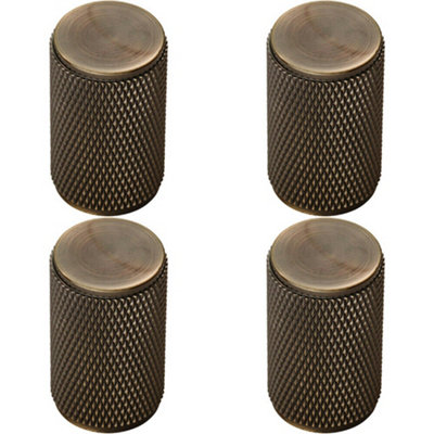 4x Knurled Cylindrical Cupboard Door Knob 18mm Dia Antique Brass Cabinet Handle