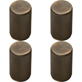 4x Knurled Cylindrical Cupboard Door Knob 18mm Dia Antique Brass Cabinet Handle