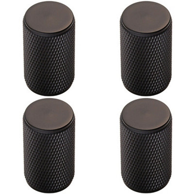4x Knurled Cylindrical Cupboard Door Knob 18mm Dia Matt Black Cabinet Handle