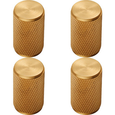 4x Knurled Cylindrical Cupboard Door Knob 18mm Dia Satin Brass Cabinet Handle