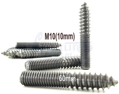 4x M10 60mm Wood to Metal Screws Furniture Dowels Double Ended Fixing Bolts Thread Screw Stud Hanger Bolt
