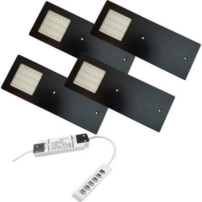 4x MATT BLACK Ultra-Slim Rectangle Under Cabinet Kitchen Light & Driver Kit - Natural White LED