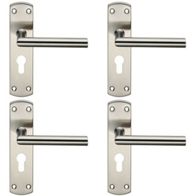 4x Mitred Lever Door Handle on Euro Lock Backplate 172 x 44mm Satin Steel