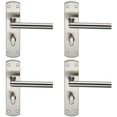 4x Mitred Lever on Bathroom Backplate Door Handle Thumbturn Lock Satin