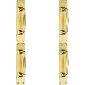 4x One Piece Door Pull Handle on Backplate 297mm Length Polished Brass