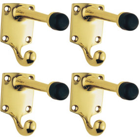 4x One Piece Hat & Coat Hook with Rubber Buffer 88mm Projection Polished Brass