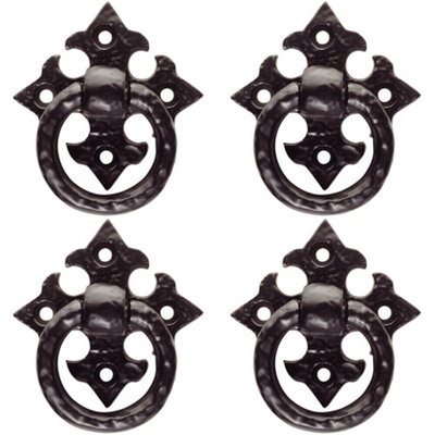 4x Ornate Cabinet Ring Pull on Cross Backplate 35mm Fixing Centres Black Antique