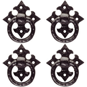 4x Ornate Cabinet Ring Pull on Cross Backplate 35mm Fixing Centres Black Antique