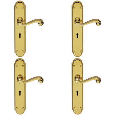 4x PAIR Beaded Pattern Handle on Lock Backplate 249 x 50mm Polished Brass