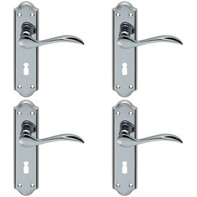 4x PAIR Curved Door Handle Lever on Lock Backplate 180 x 45mm Polished Chrome