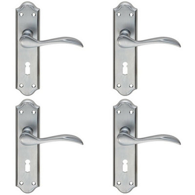 4x PAIR Curved Door Handle Lever on Lock Backplate 180 x 45mm Satin Chrome