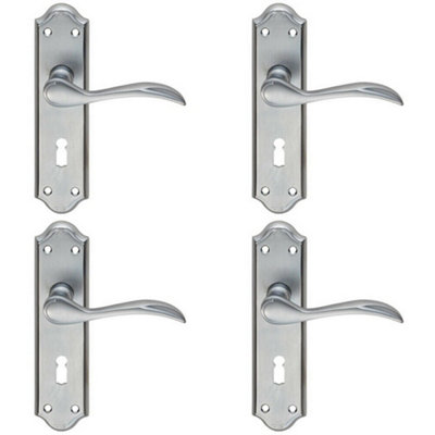 4x PAIR Curved Door Handle Lever on Lock Backplate 180 x 45mm Satin Chrome