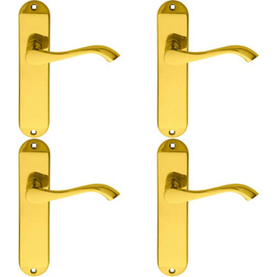 4x PAIR Curved Handle on Chamfered Latch Backplate 180 x 40mm Polished Brass