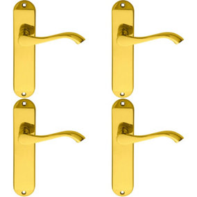4x PAIR Curved Handle on Chamfered Latch Backplate 180 x 40mm Polished Brass