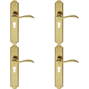 4x PAIR Curved Handle on Long Euro Lock Backplate 245 x 45mm Stainless Brass
