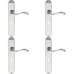 4x PAIR Curved Handle on Long Slim Lock Backplate 241 x 40mm Polished Chrome
