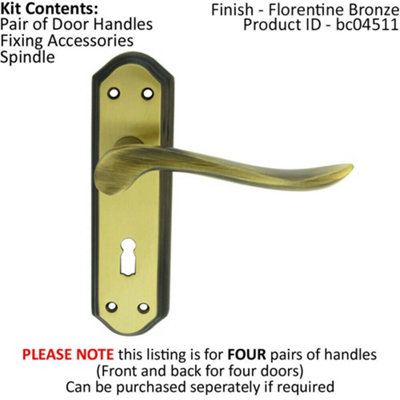 4x PAIR Curved Handle on Sculpted Lock Backplate 180 x 48mm Florentine Bronze