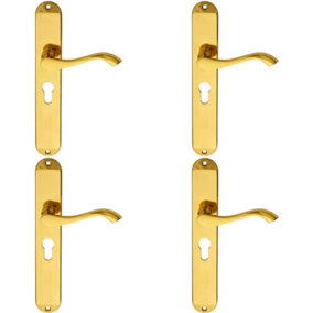 4x PAIR Curved Lever on Long Slim Euro Lock Backplate 241 x 40mm Polished Brass
