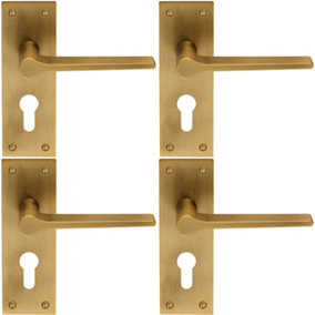 4x PAIR Flat Straight Lever on Slim Euro Lock Backplate 150 x 50mm Antique Brass