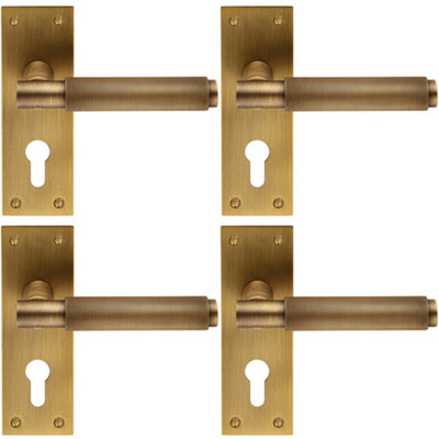 4x PAIR Knurled Round Lever on Slim Euro Lock Backplate 150 x 50mm Antique Brass
