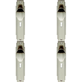 4x PAIR Line Detailed Door Knob on Lock Backplate 205 x 45mm Satin Nickel