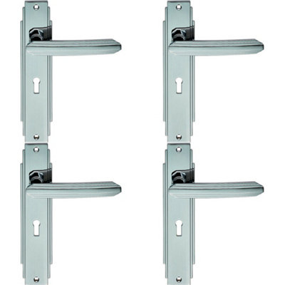 4x PAIR Line Detailed Handle on Lock Backplate 205 x 45mm Polished Chrome