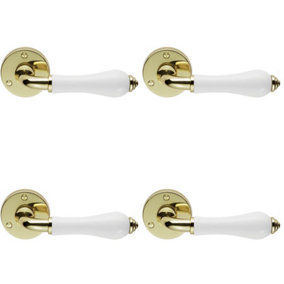 4x PAIR Porcelain Handle with Ringed Detailing 58mm Round Rose Polished Brass