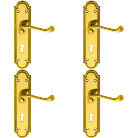 4x PAIR Reeded Scroll Handle on Shaped Lock Backplate 205 x 49mm Polished Brass