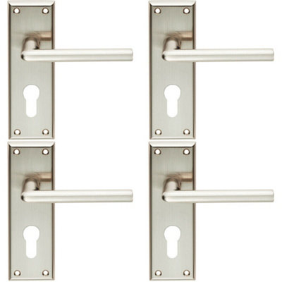 4x PAIR Rounded Lever on Euro Lock Backplate Handle 150 x 50mm Satin Nickel