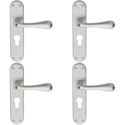 4x PAIR Smooth Round Bar Handle on Euro Lock Backplate 185 x 40mm Satin Chrome