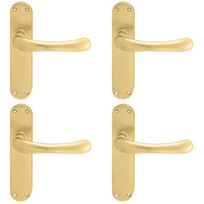 4x PAIR Smooth Rounded Handle on Shaped Latch Backplate 185 x 42mm Satin Brass
