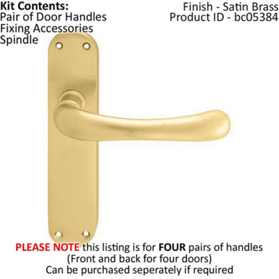 4x PAIR Smooth Rounded Handle on Shaped Latch Backplate 185 x 42mm Satin Brass