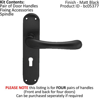4x PAIR Smooth Rounded Handle on Shaped Lock Backplate 185 x 42mm Matt Black