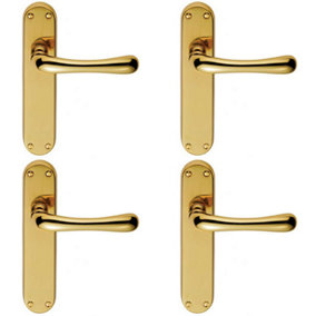 4x PAIR Smooth Rounded Lever on Shaped Latch Backplate 185 x 42mm Polished Brass