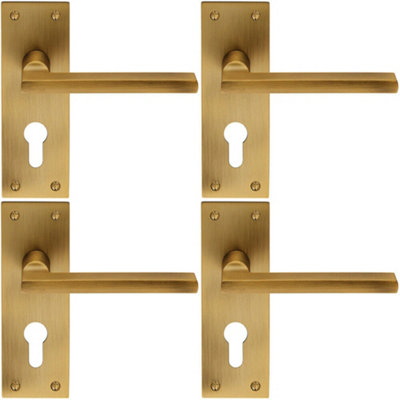 4x PAIR Straight Bar Lever on Slim Euro Lock Backplate 150 x 50mm Antique Brass