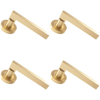 4x PAIR Straight Plinth Mounted Handle on Round Rose Concealed Fix Satin Brass