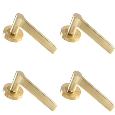 4x PAIR Straight Rounded Handle on Round Rose Concealed Fix Satin Brass