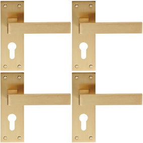4x PAIR Straight Square Handle on Euro Lock Backplate 150 x 50mm Satin Brass
