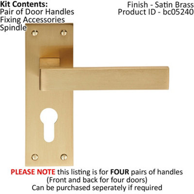 4x PAIR Straight Square Handle on Euro Lock Backplate 150 x 50mm Satin Brass