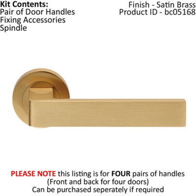 4x PAIR Straight Square Handle on Round Rose Concealed Fix Satin Brass