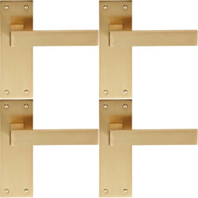 4x PAIR Straight Square Handle on Slim Latch Backplate 150 x 50mm Satin Brass