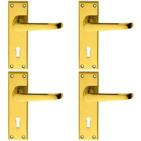 4x PAIR Straight Victorian Handle on Lock Backplate 150 x 42mm Polished Brass