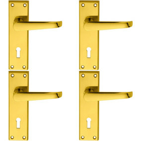 4x PAIR Straight Victorian Handle on Lock Backplate 150 x 43mm Polished Brass
