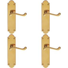 4x PAIR Victorian Scroll Handle on Latch Backplate 205 x 49mm Polished Brass